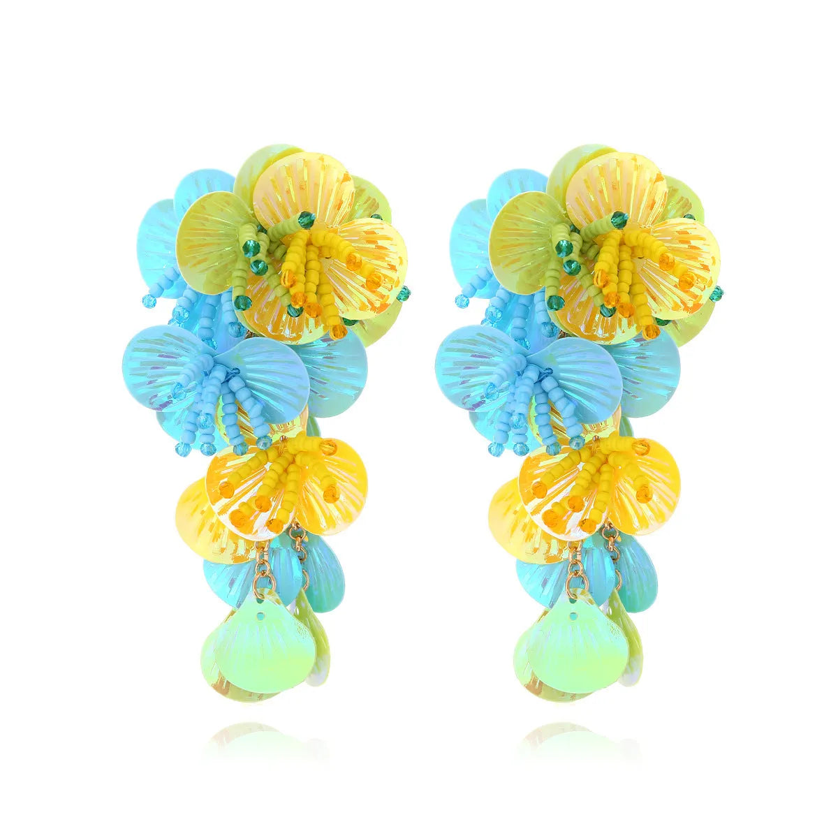 Handmade string bead flower earrings in colourful, rose and purple options with exaggerated dopamine style