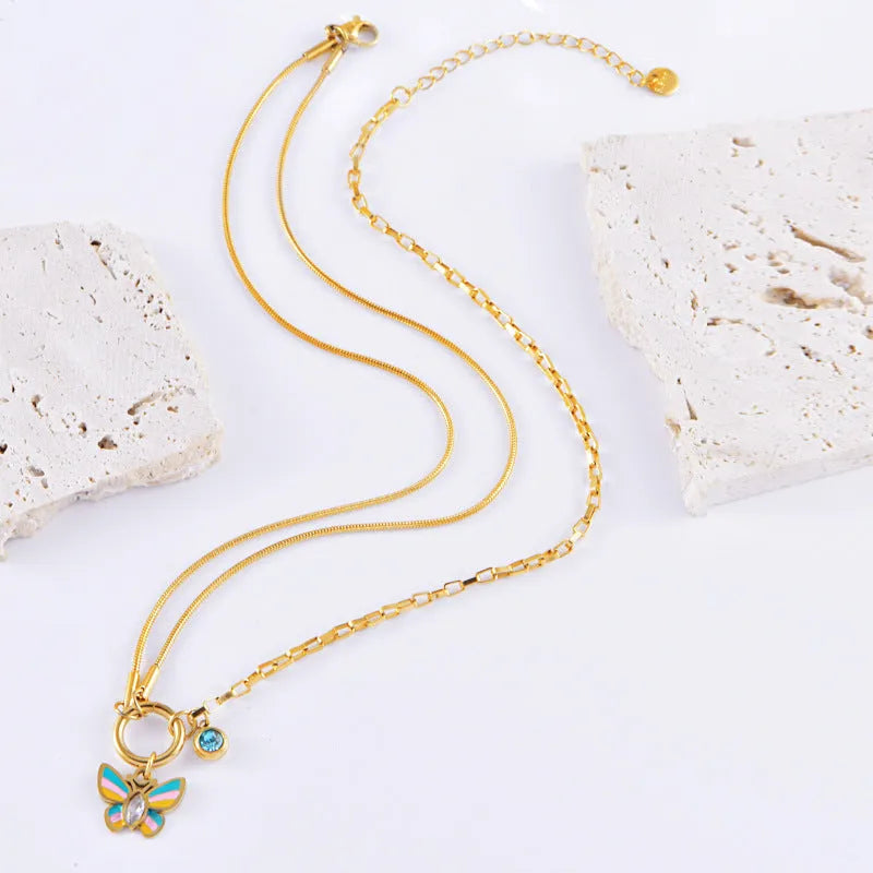 Gold epoxy butterfly necklace and bracelet set with titanium steel snake bones chain