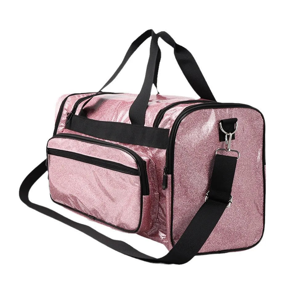 Large black PU leather sports handbag with silver lettering and multiple compartments