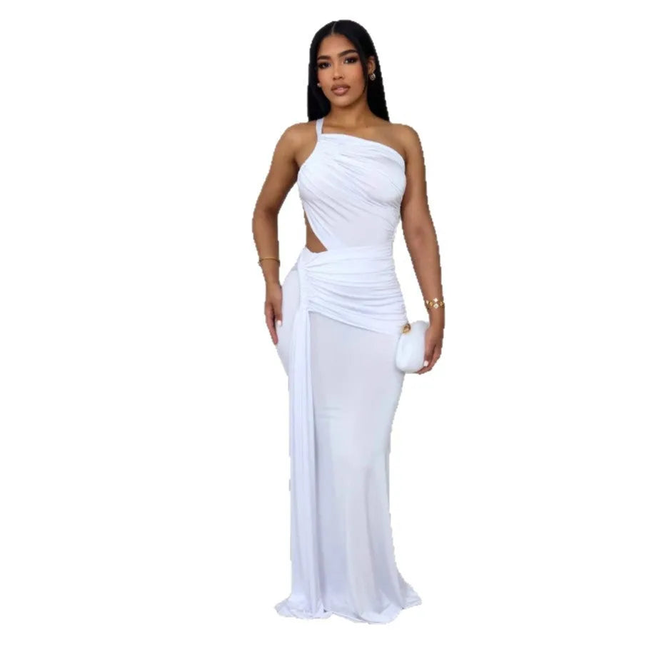 Women's long one shoulder pleated dress in milk silk polyester fabric
