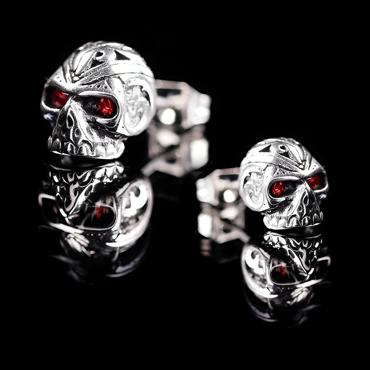Retro skull stud earrings with red eye ghost head design on alloy construction
