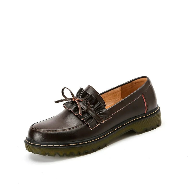 British style women's leather shoes with round toe and chunky heel in black or brown