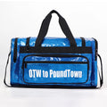 Large black PU leather sports handbag with silver lettering and multiple compartments
