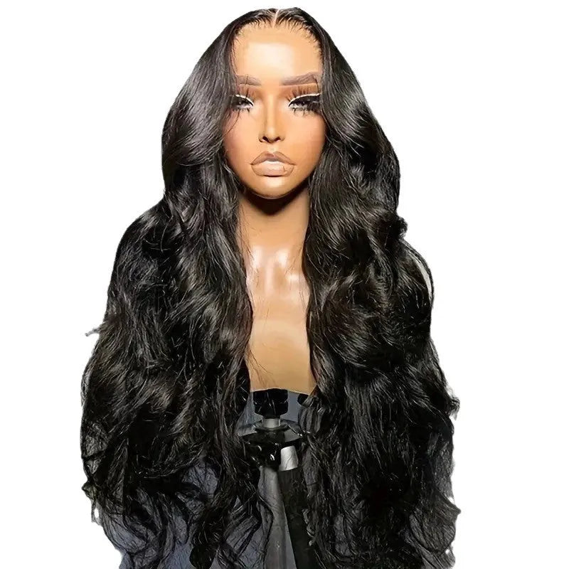 Black lace wig with large, voluminous waves, shown on a mannequin head.