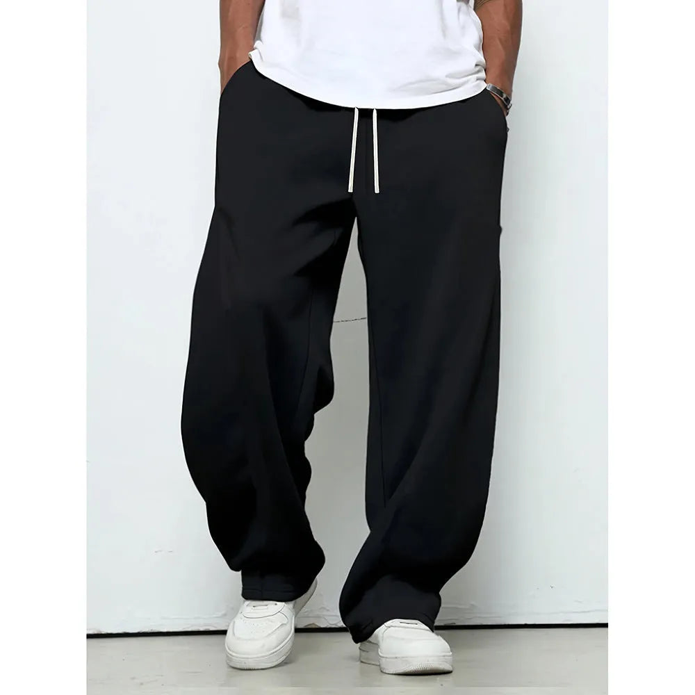Men's straight-leg casual trousers in grey with a drawstring waistband