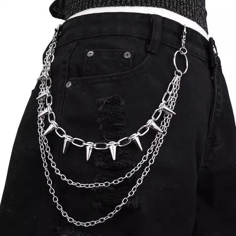 Silver metal punk pants chain with double layer and rivet details, 115cm long