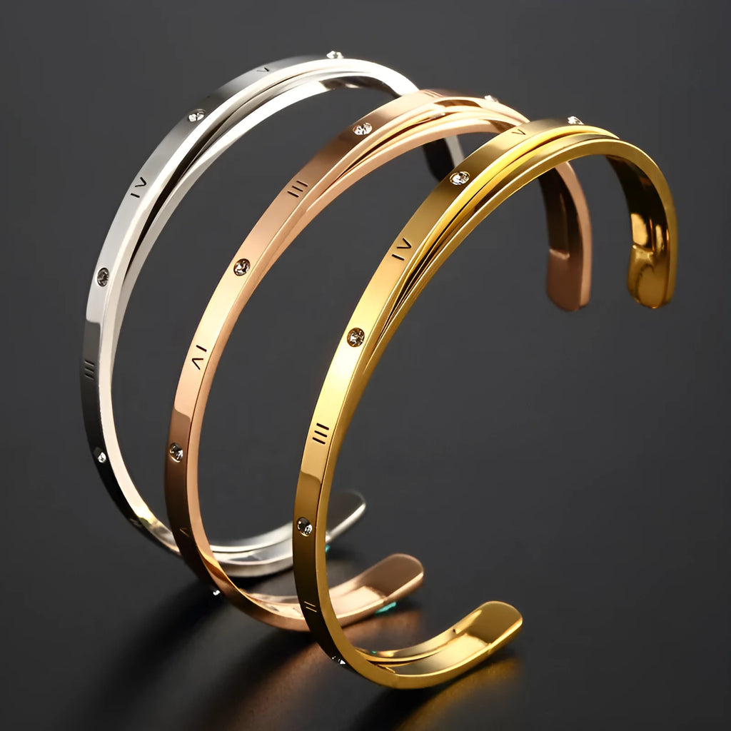 Open-ended stainless steel bracelet with zircon stones in rose, steel or gold colour options