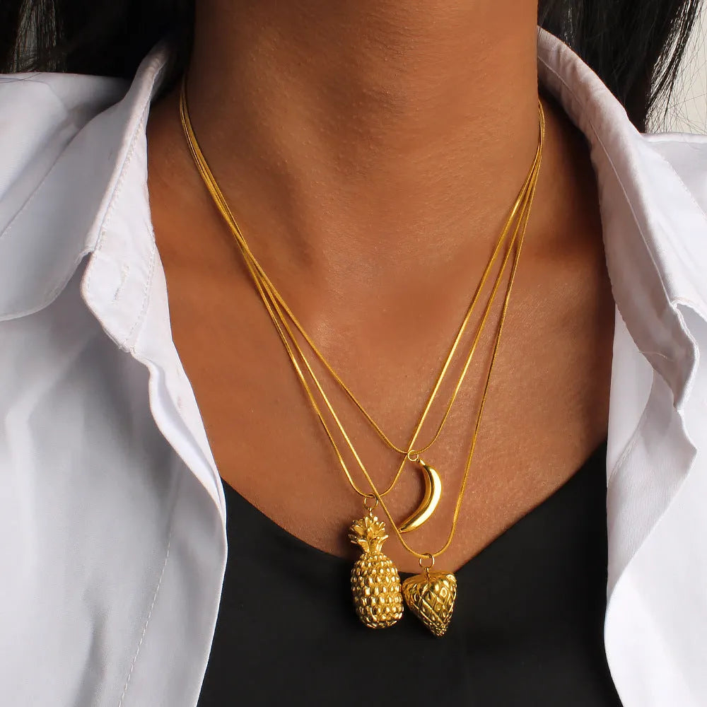 Stainless steel necklace with a fruit-shaped pendant, options include apple, grape, watermelon, pineapple, strawberry, banana.