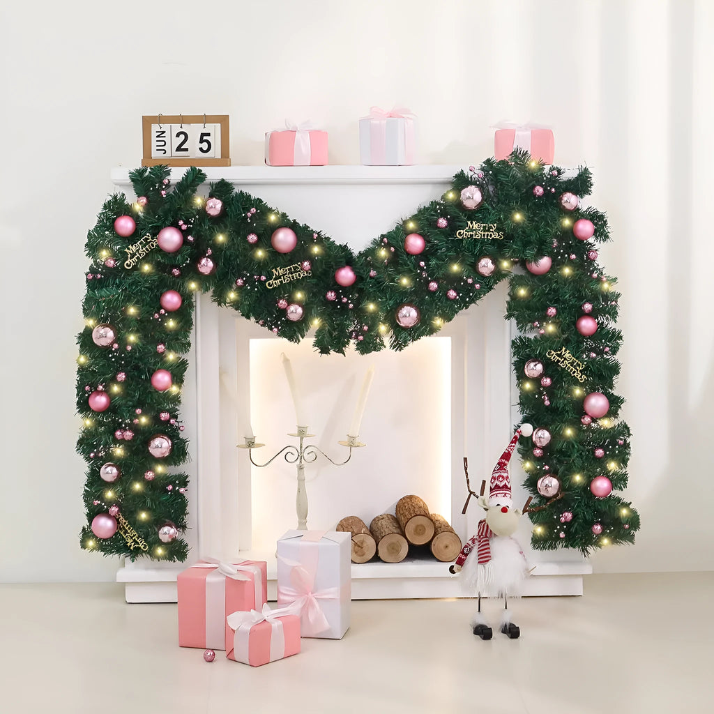 2.7 metre pink Christmas rattan garland decoration with small fruit details and optional lighting