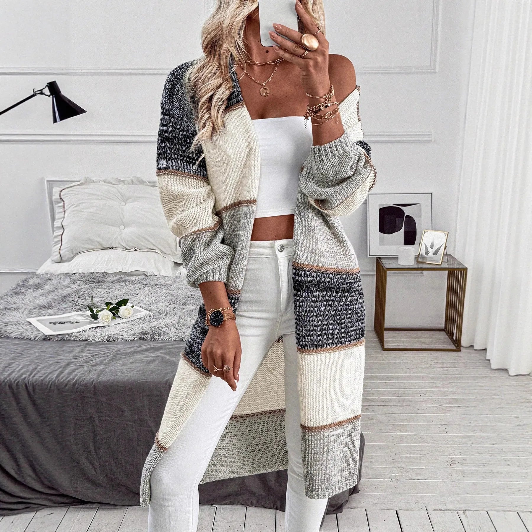 Grey stripe knitted cardigan with long sleeves in loose European street fashion style