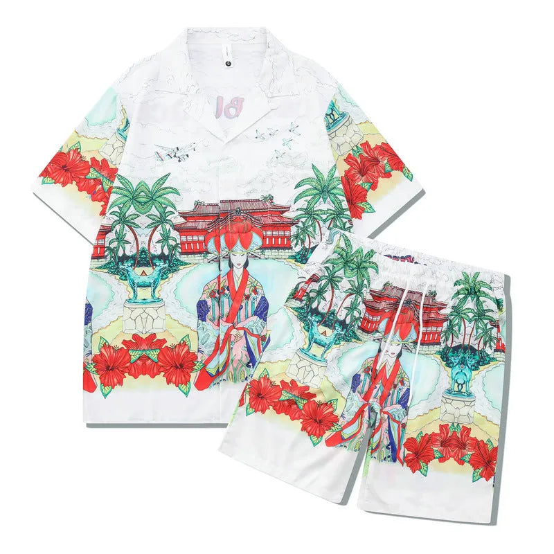 Beach outfit set with plaid printed shirt and matching trousers for teenagers in polyester fabric