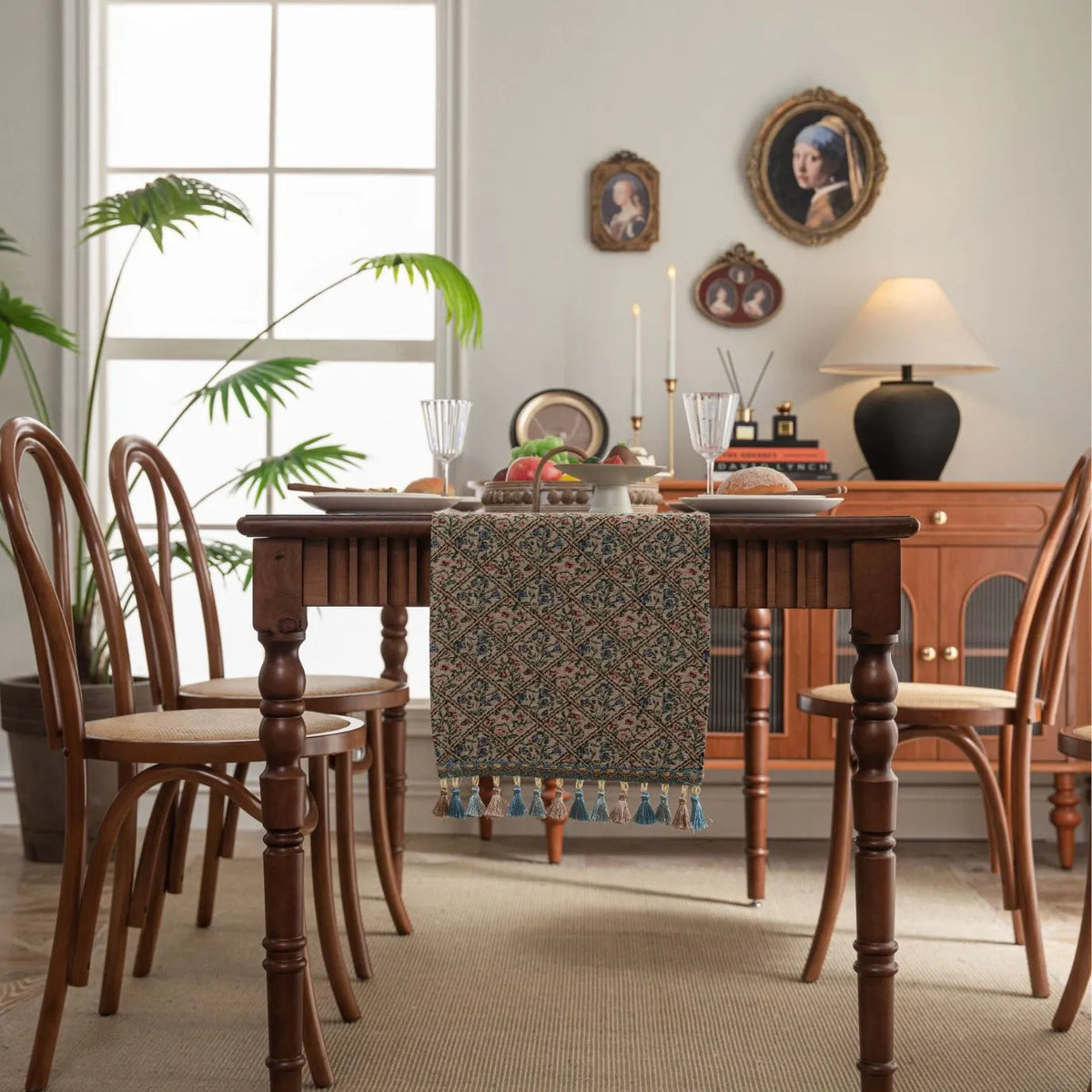Nordic striped jacquard table runner with tassel trim in dark blue colour.