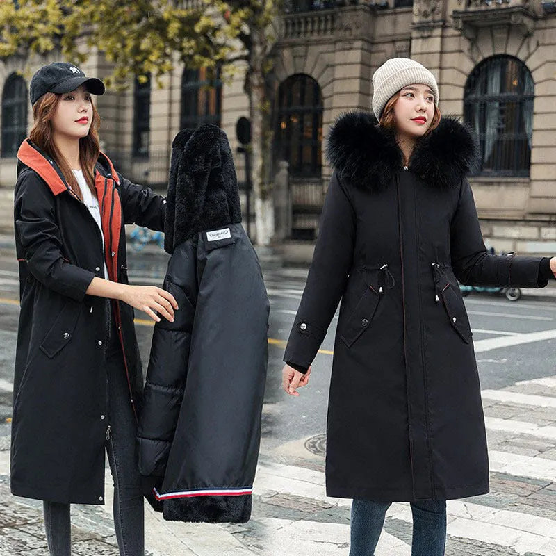 Women's long padded polyester fleece trench coat in bean green with a 100cm length