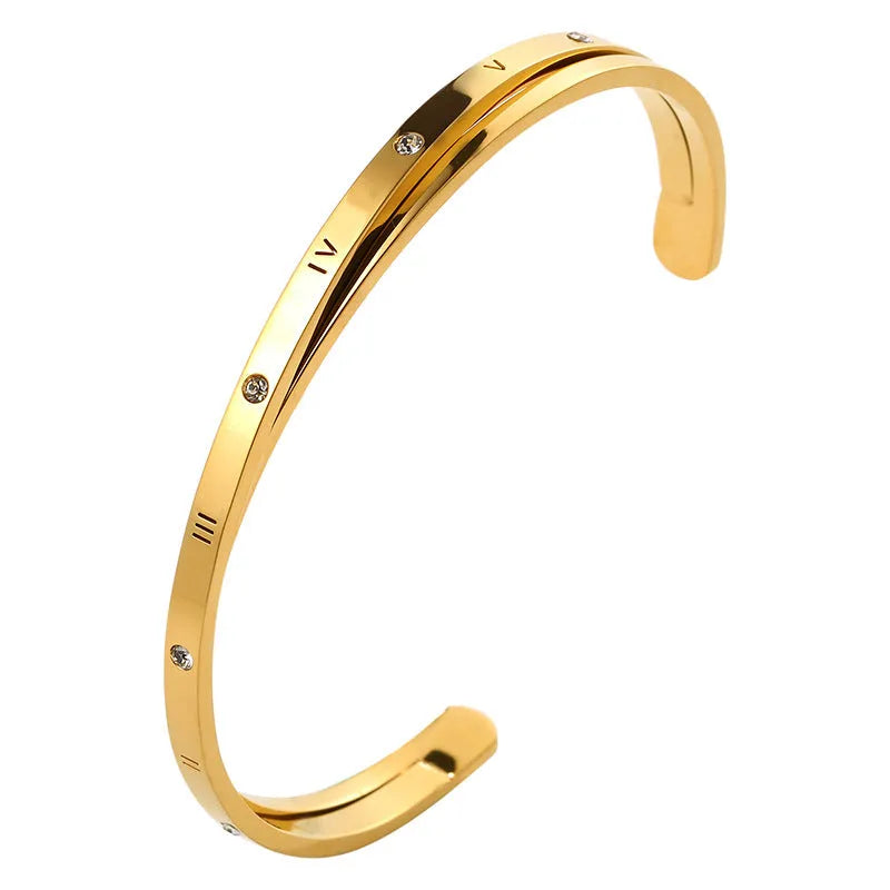 Open-ended stainless steel bracelet with zircon stones in rose, steel or gold colour options