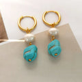 Turquoise and cultured pearl geometric ear clips with copper settings in short and dangle styles