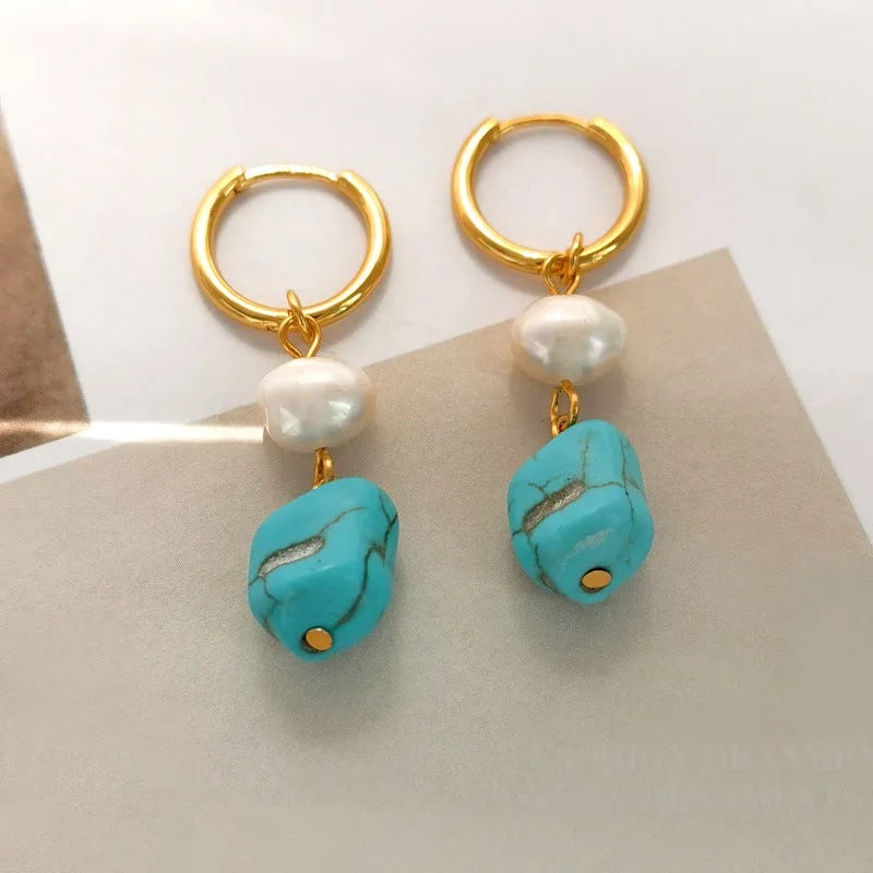 Turquoise and cultured pearl geometric ear clips with copper settings in short and dangle styles