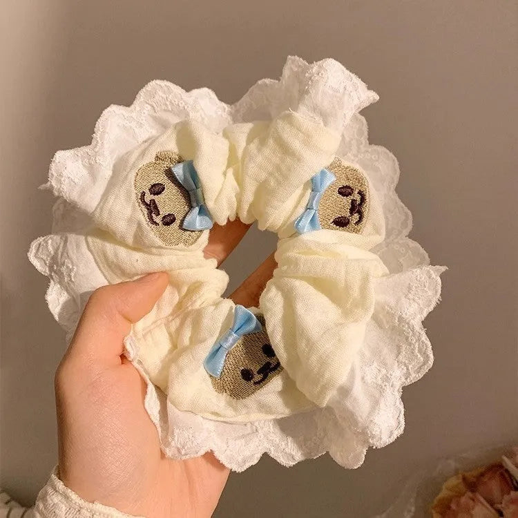 Bear blue bow cloth hair ring in large intestine style with elastic properties