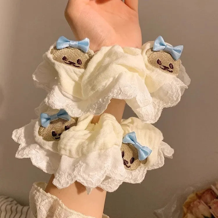 Bear blue bow cloth hair ring in large intestine style with elastic properties
