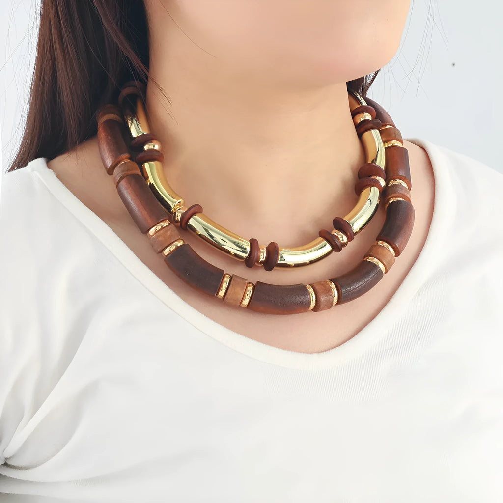 Women's European style wooden multi-layer necklace and bracelet set with alloy chain