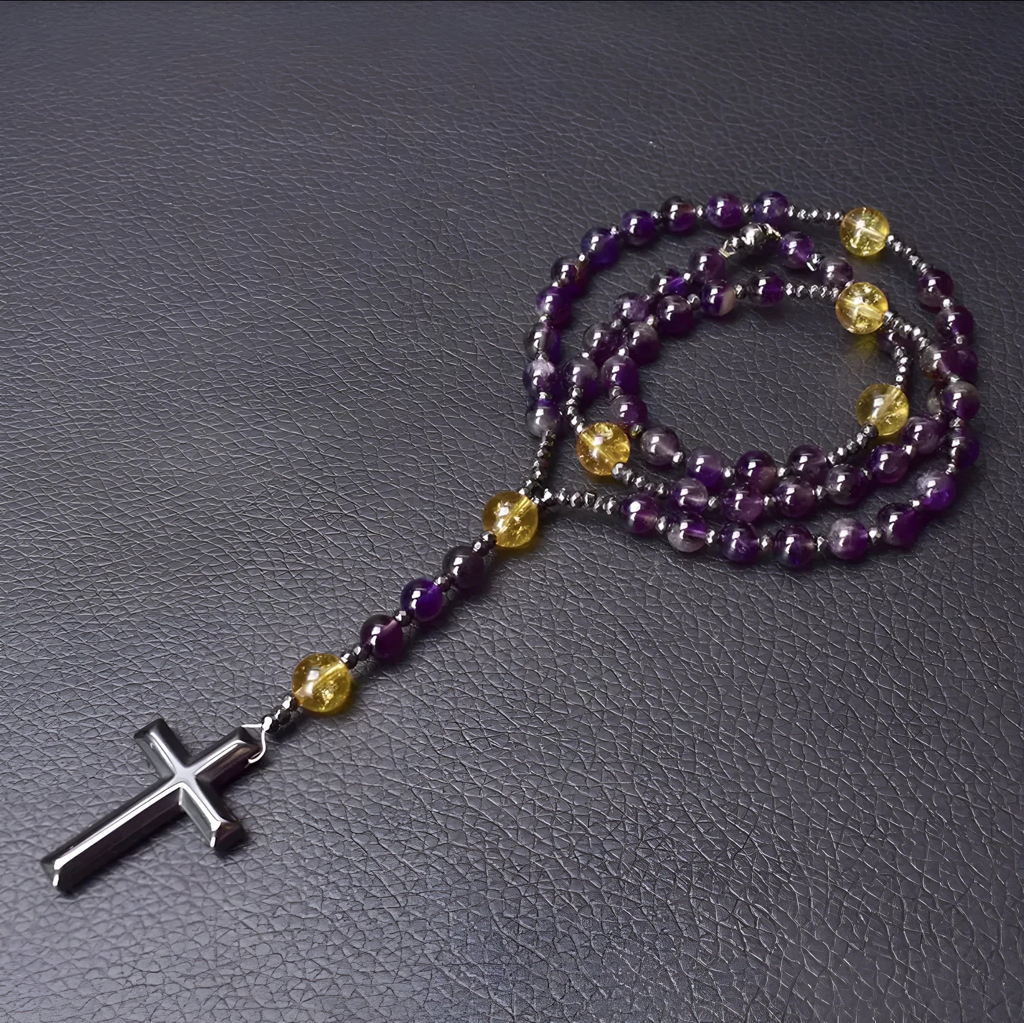 Men's stone cross pendant necklace on an 80cm ball bead chain