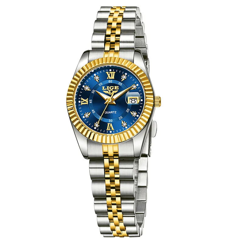 Waterproof leisure quartz watch in gold and silver colour options with 10mm case thickness.