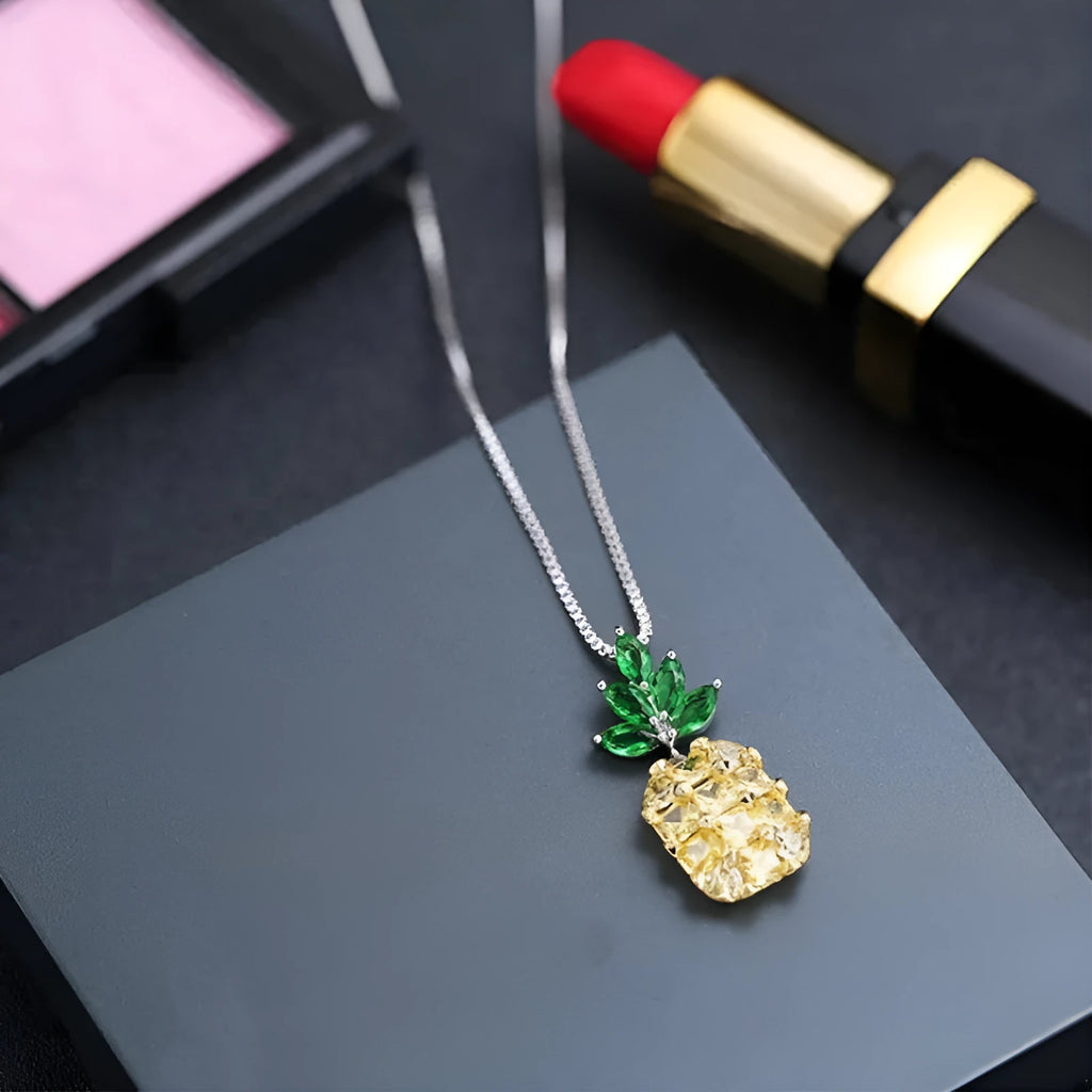 Korean fashion silver plated necklace with pineapple diamond pendant and geometric charm design on adjustable chain