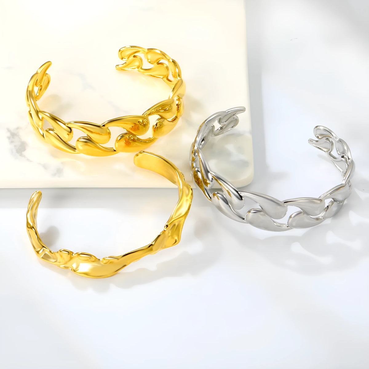 Stainless steel alloy bracelet in advanced European American trend style on wrist.