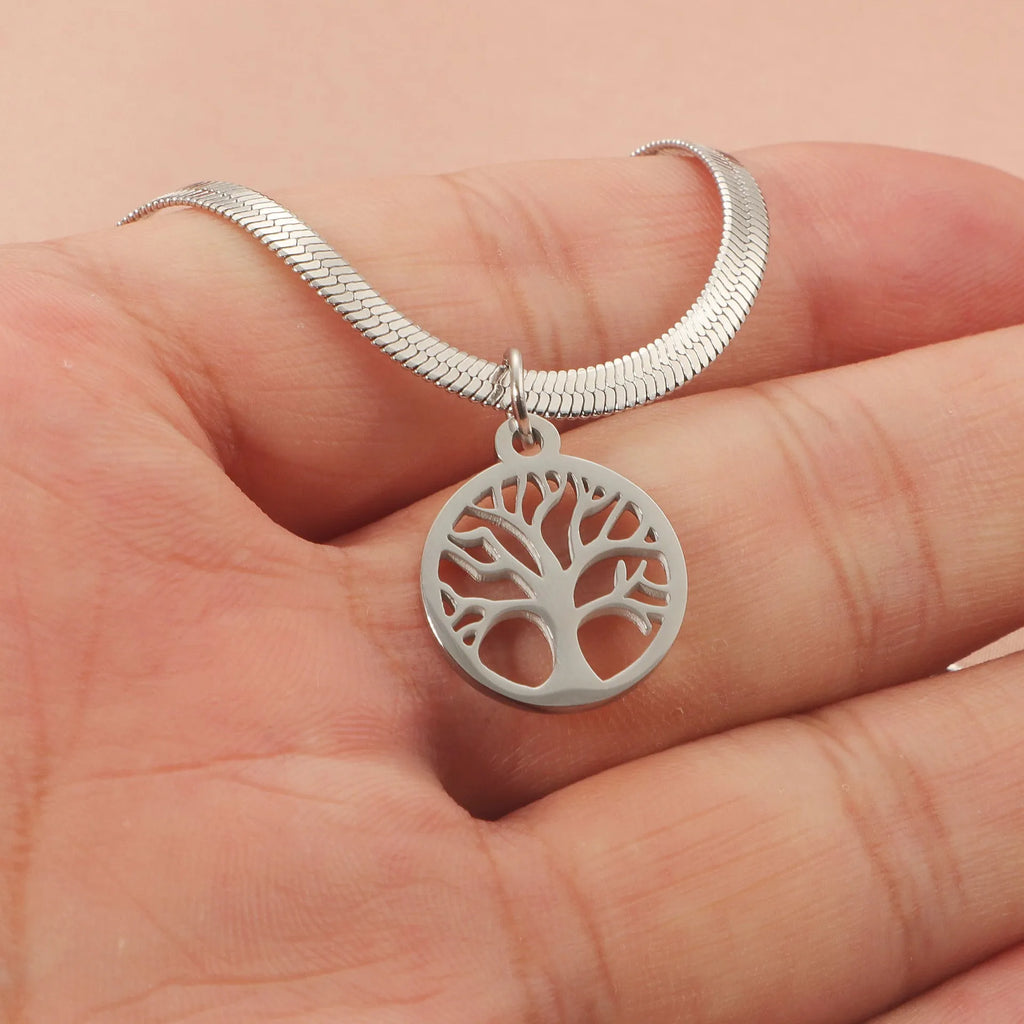 Stainless steel lucky tree necklace with U-shaped pendant on snake bones chain