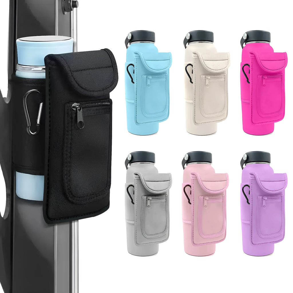 Fitness magnetic cup sleeve for large bottles in beige colour with carabiner clip fastening.