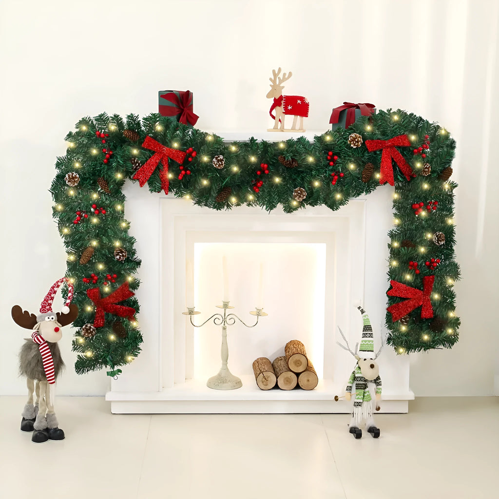 Christmas rattan decoration with pine cone bow and LED lighting options