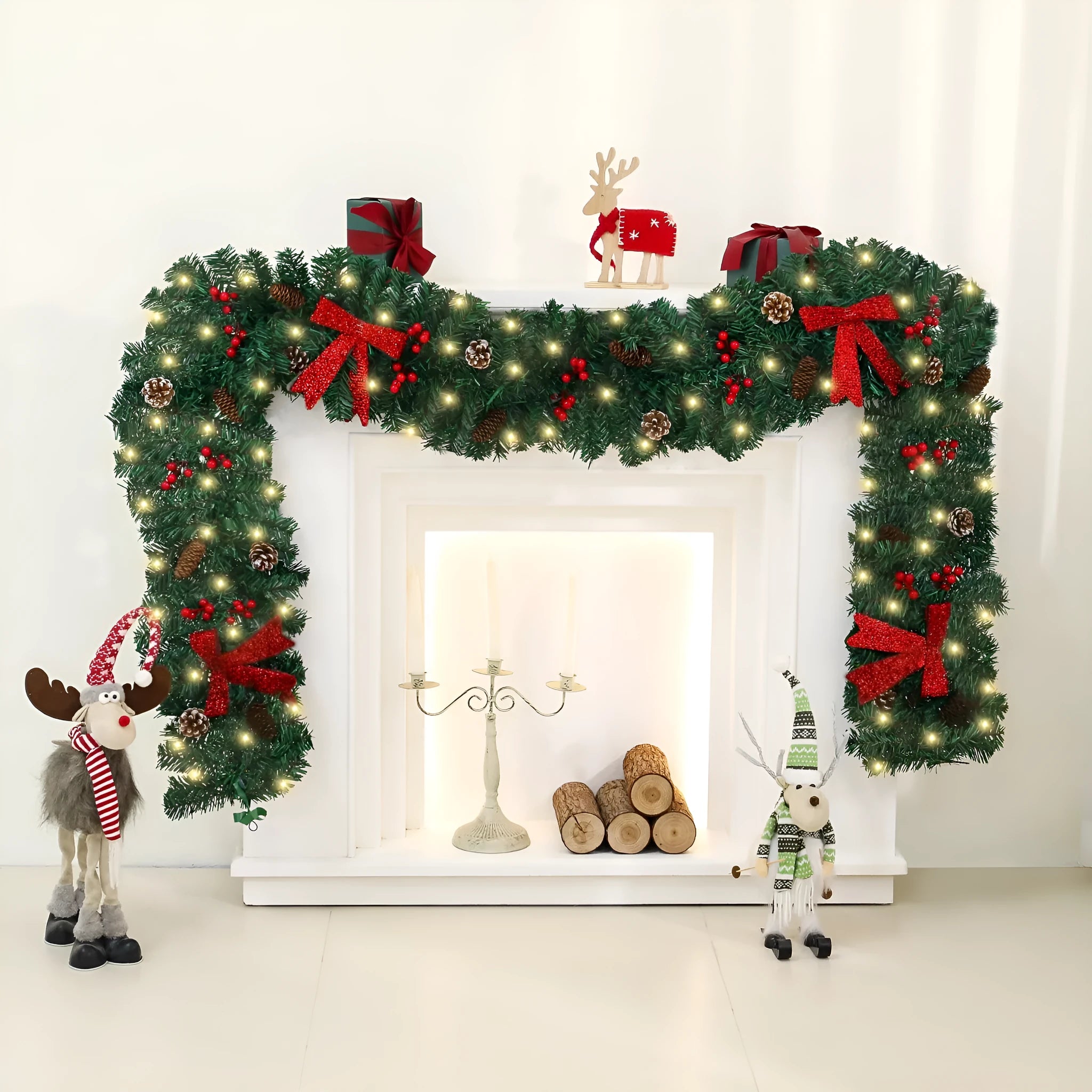 Christmas rattan decoration with pine cone bow and LED lighting options