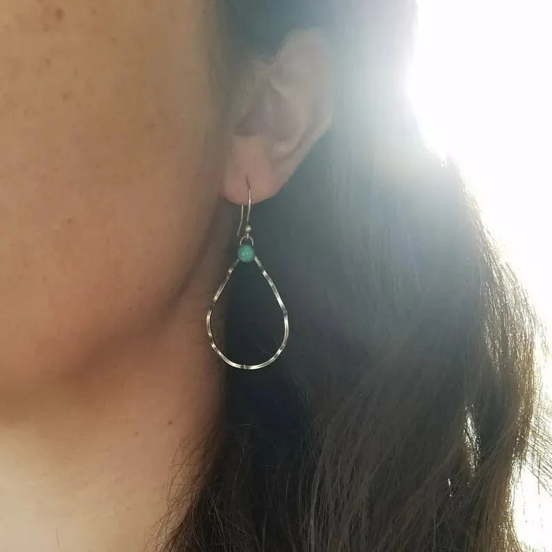 Bohemian circle geometric earrings with turquoise accents in antique silver finish