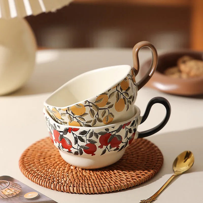 Antique style ceramic coffee cup and saucer set with 210ml capacity in black or orange retro design.