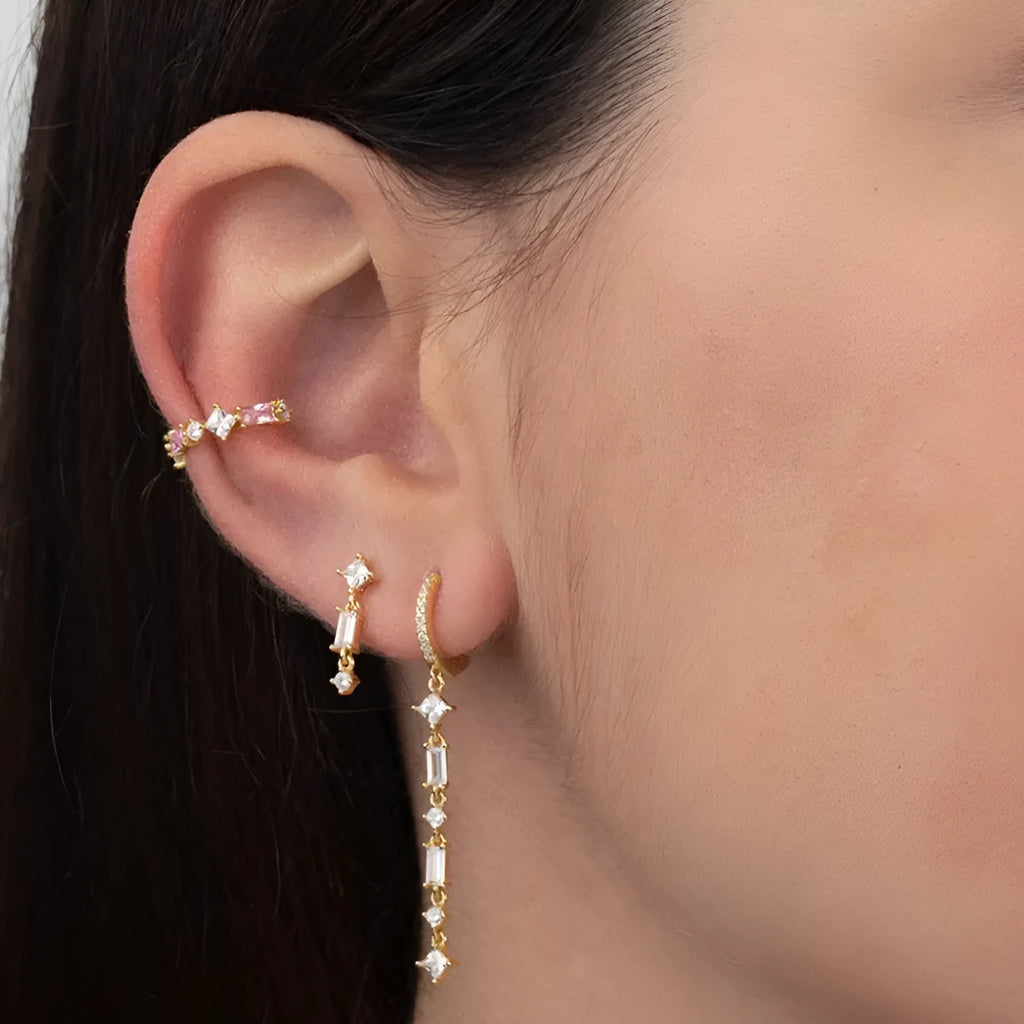 Gold plated geometric U-shaped ear clip earrings with micro-inlaid colourful zircon stones