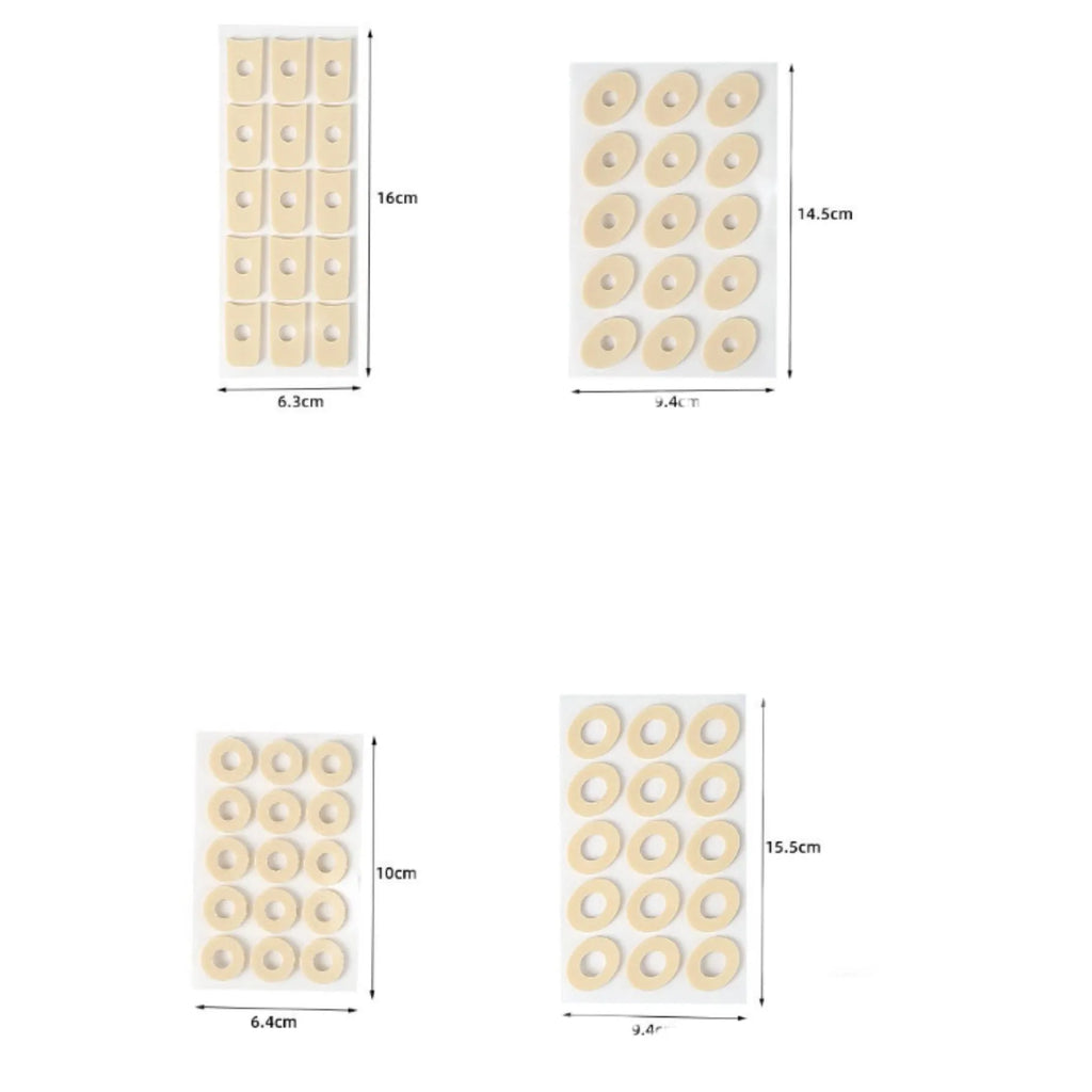 Multi-shape heel corn protectors pack showing large oval, small oval, U-shaped, and circular PU pads.
