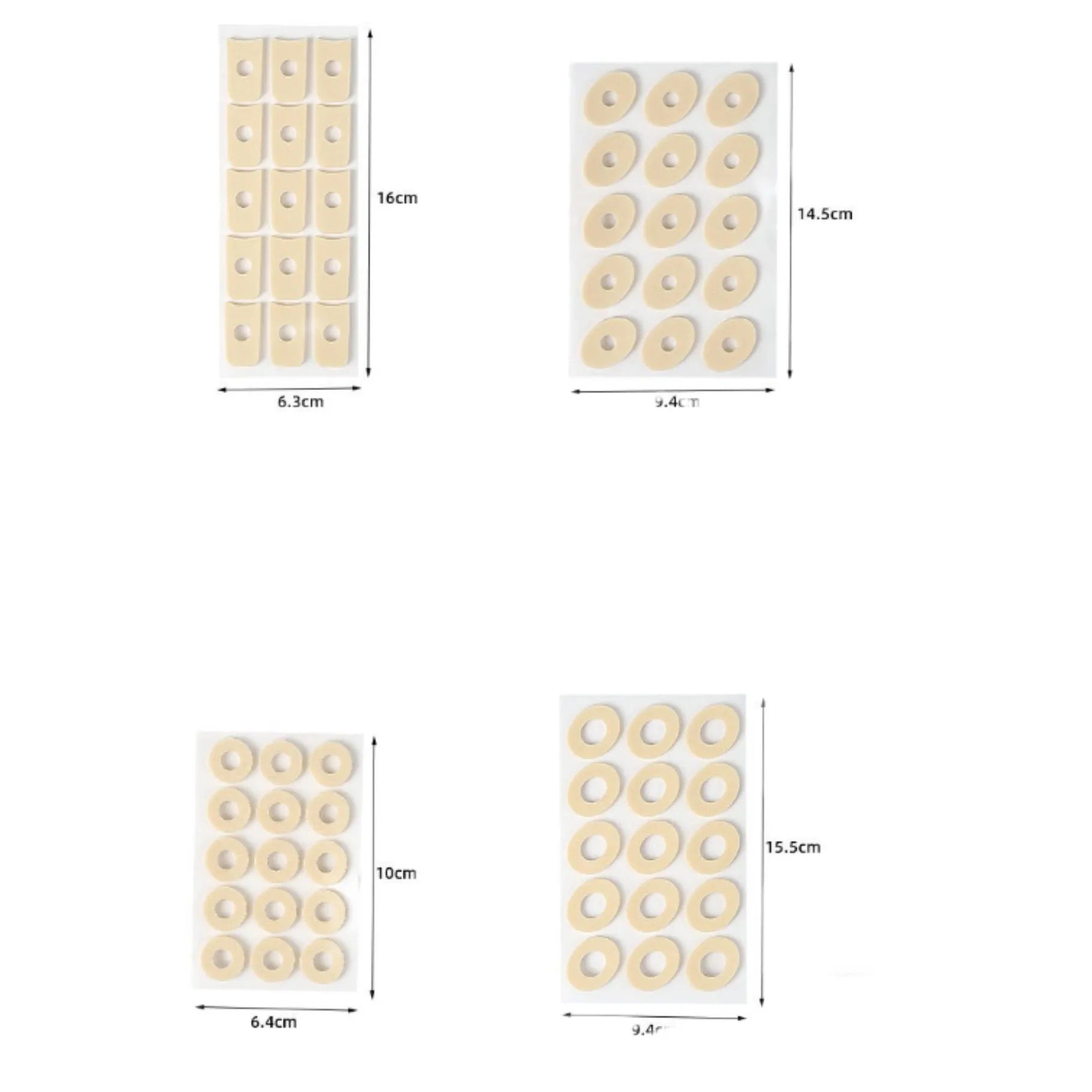 Multi-shape heel corn protectors pack showing large oval, small oval, U-shaped, and circular PU pads.
