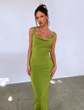 Backless slim-fit Milk Silk sling dress with spaghetti straps and a long hip skirt in Champagne colour.