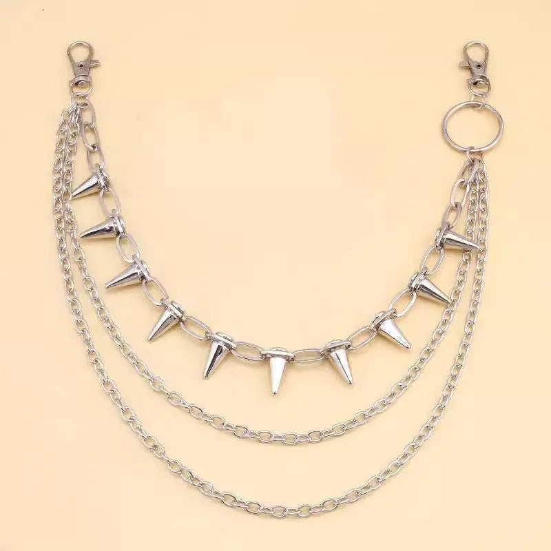 Silver metal punk pants chain with double layer and rivet details, 115cm long