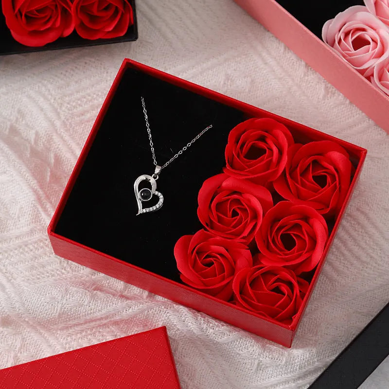 Korean style soap flower gift box set with six roses, presentation box, and handbag in red, pink, or black.