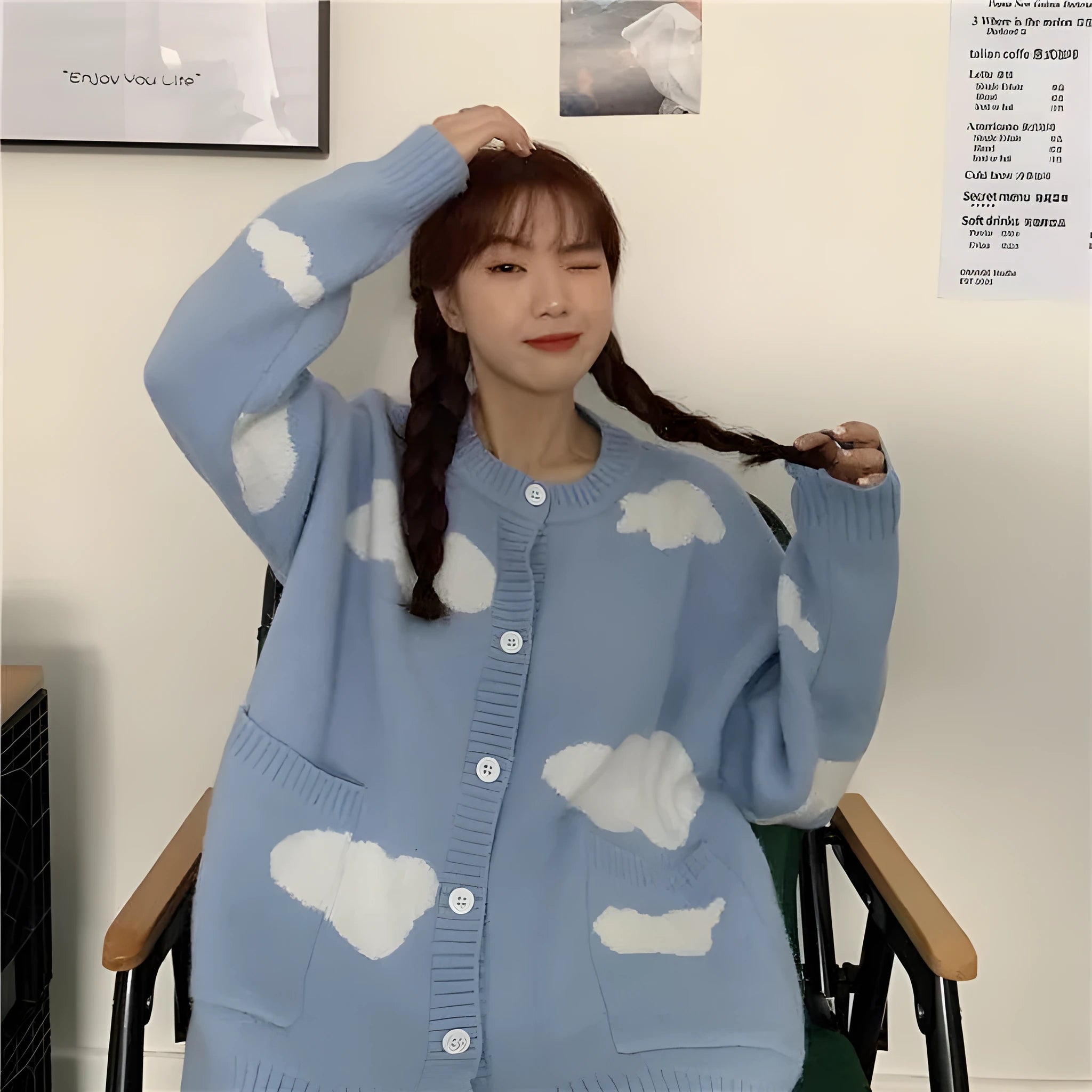 Blue cloud pattern women's cardigan sweater with loose fit and long sleeves for autumn winter wear