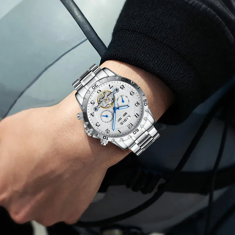 Men's silver automatic perpetual calendar mechanical watch with stainless steel strap