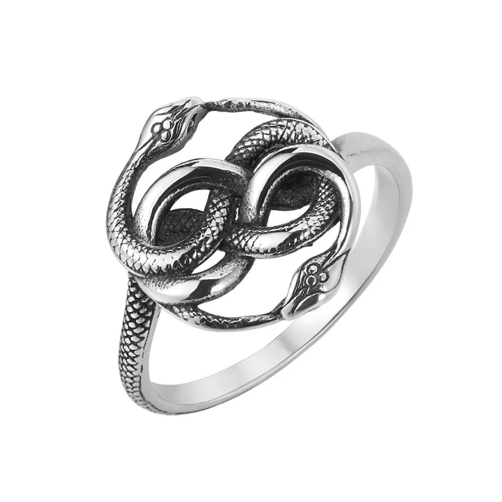 Titanium steel double snake ring with retro design in steel colour