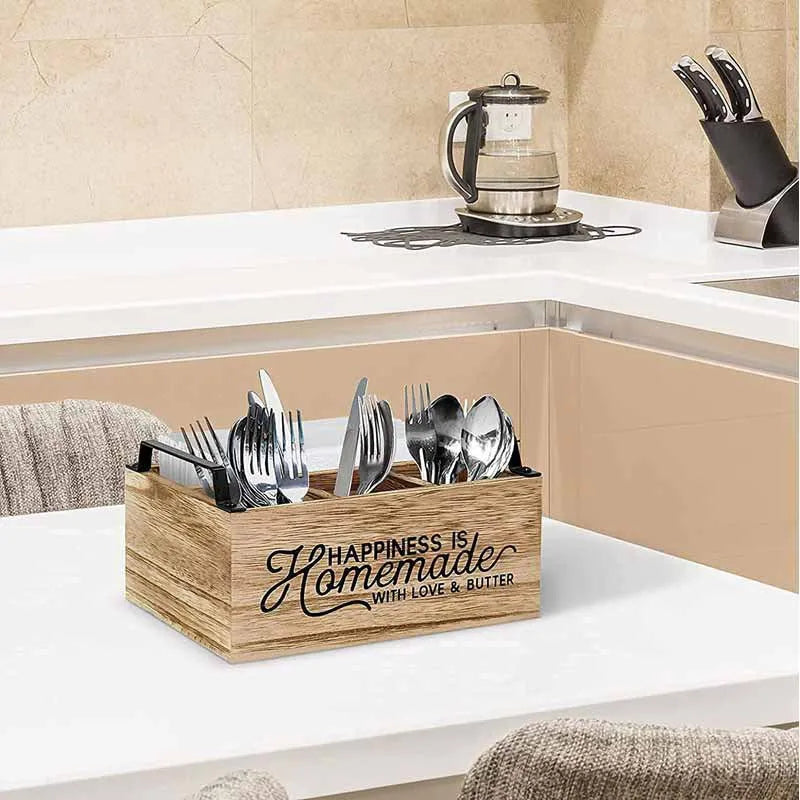 Wooden kitchen storage box with grid compartments in modern minimalist style