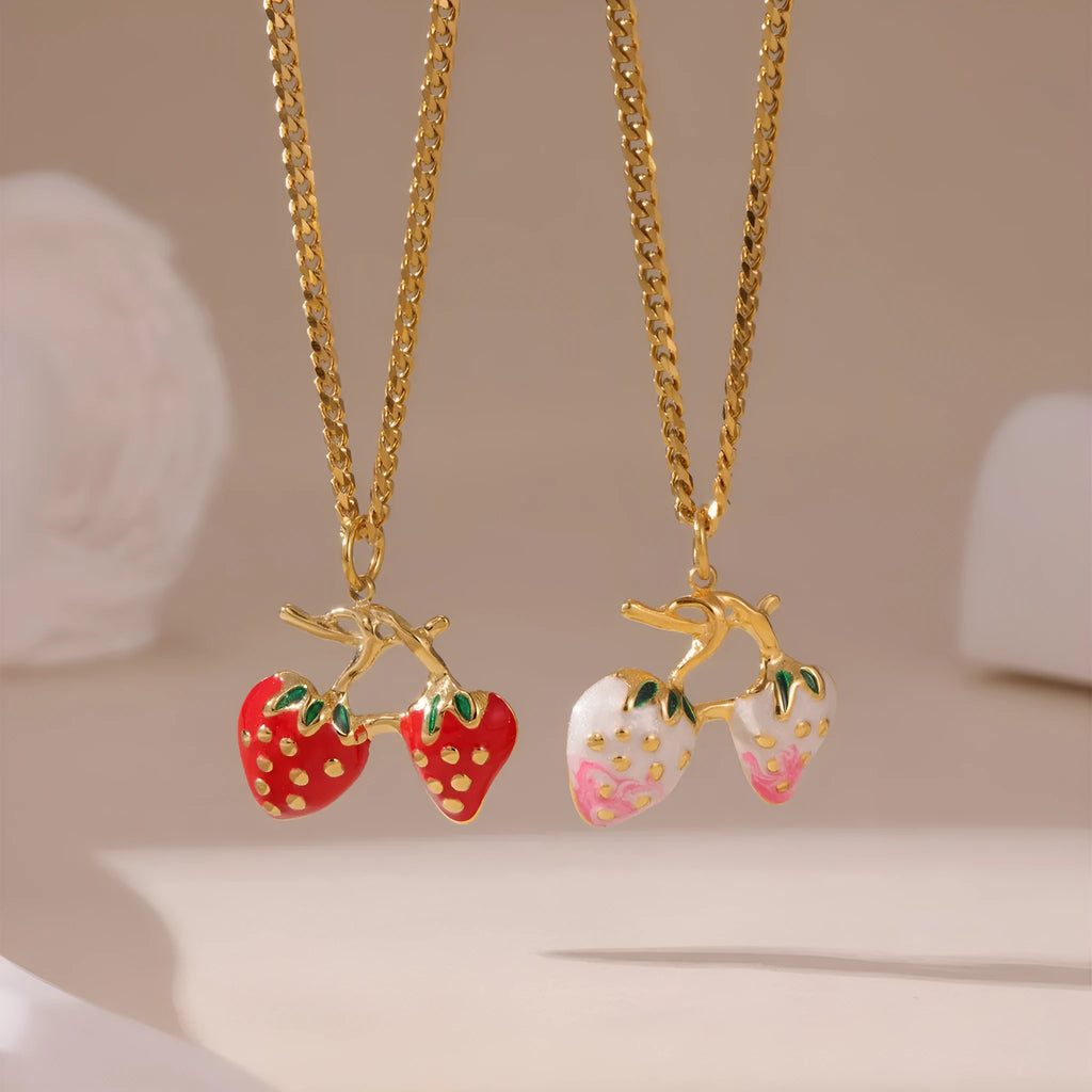 Women's stainless steel strawberry fruit pendant necklace in red and white gradient colours