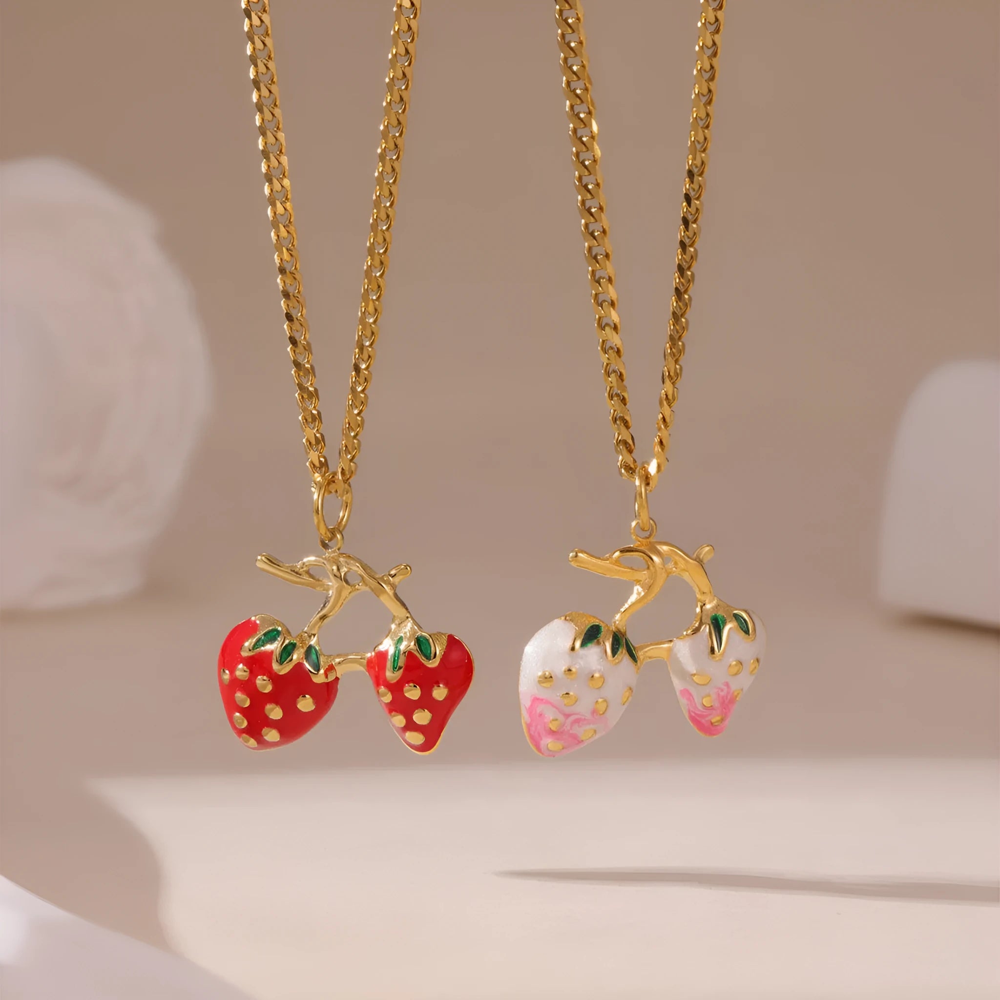Women's stainless steel strawberry fruit pendant necklace in red and white gradient colours