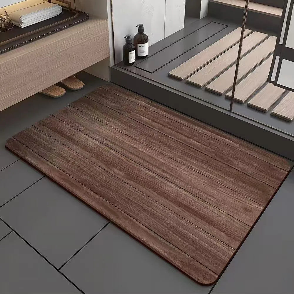 Square diatom ooze floor mat with wood grain pattern for bathroom use