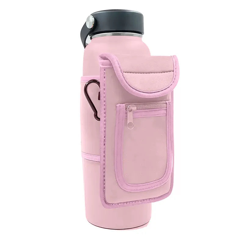 Fitness magnetic cup sleeve for large bottles in beige colour with carabiner clip fastening.