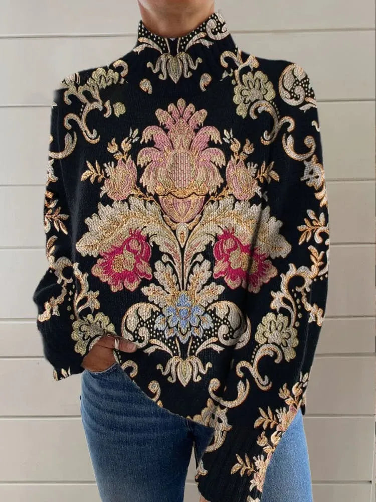Black line coloured turtleneck sweater with 3D printed pattern in loose Japanese Korean casual style