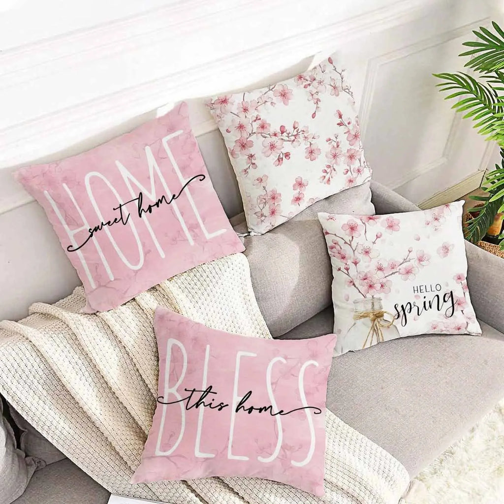Square short velvet cushion cover with cherry blossom and letter pattern in spring colours