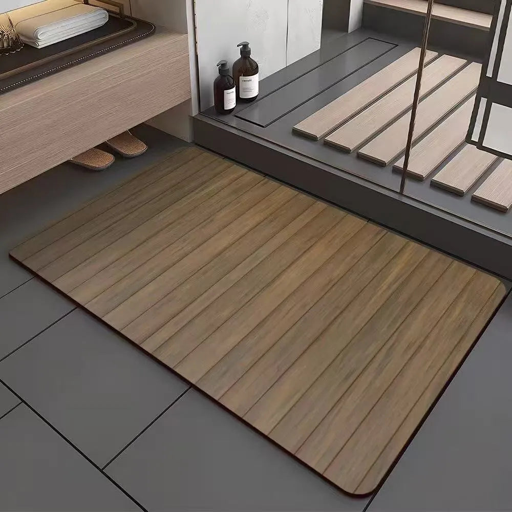 Square diatom ooze floor mat with wood grain pattern for bathroom use